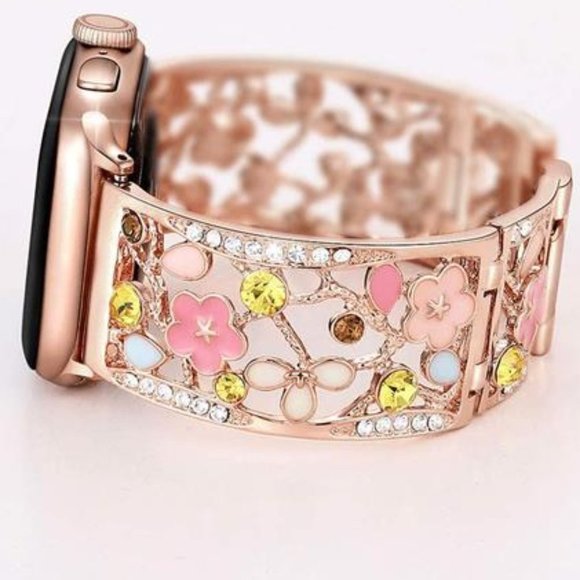 NEW Rose Gold Luxury Floral Rhinestone Apple Watch Band main image 4